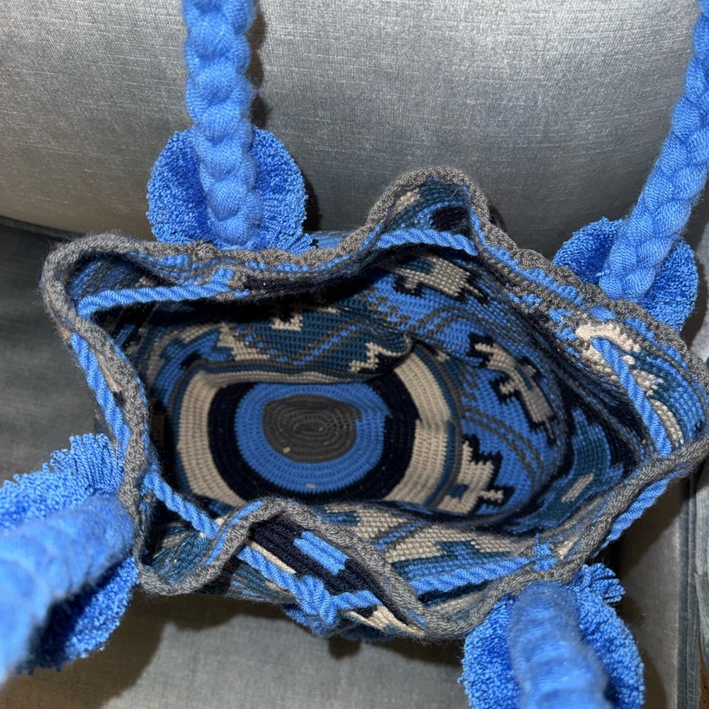 Blue Geometric Woven Shoulder Bag with Pom-Pom Accents - Picture 3 of 9